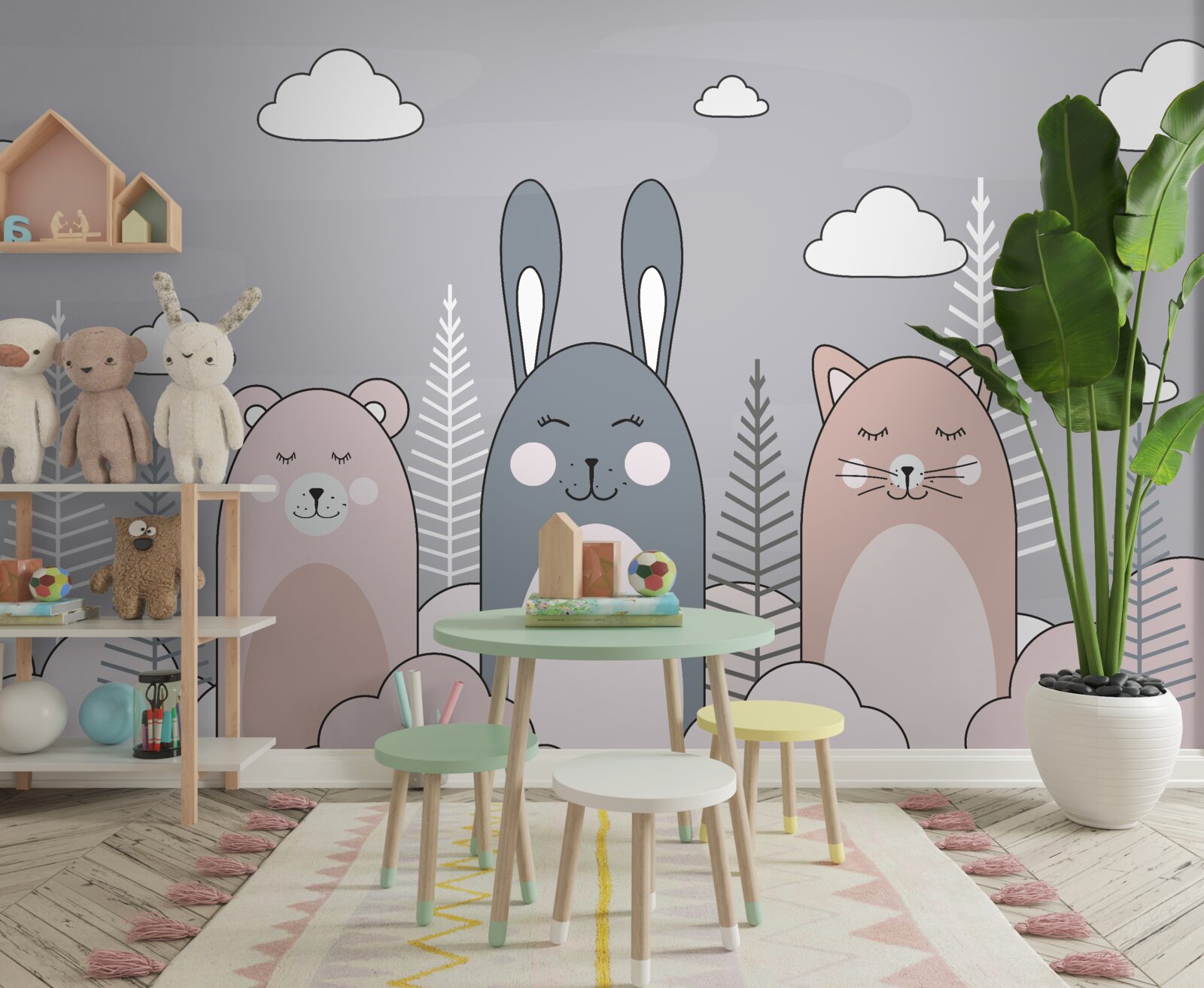 Fototapeten Kitty, Bär und Hase von Kupplungen umgeben