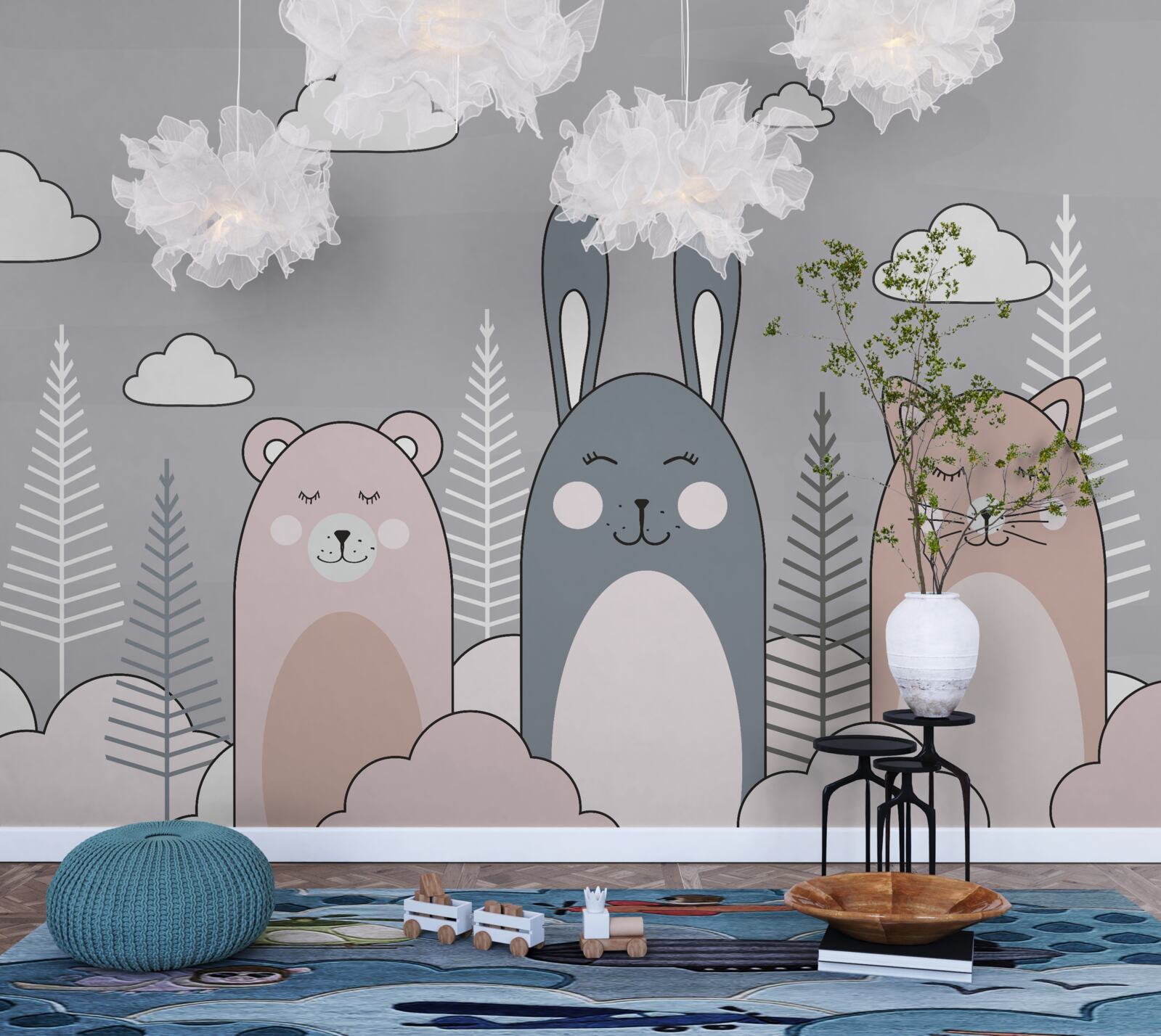 Fototapeten Kitty, Bär und Hase von Kupplungen umgeben