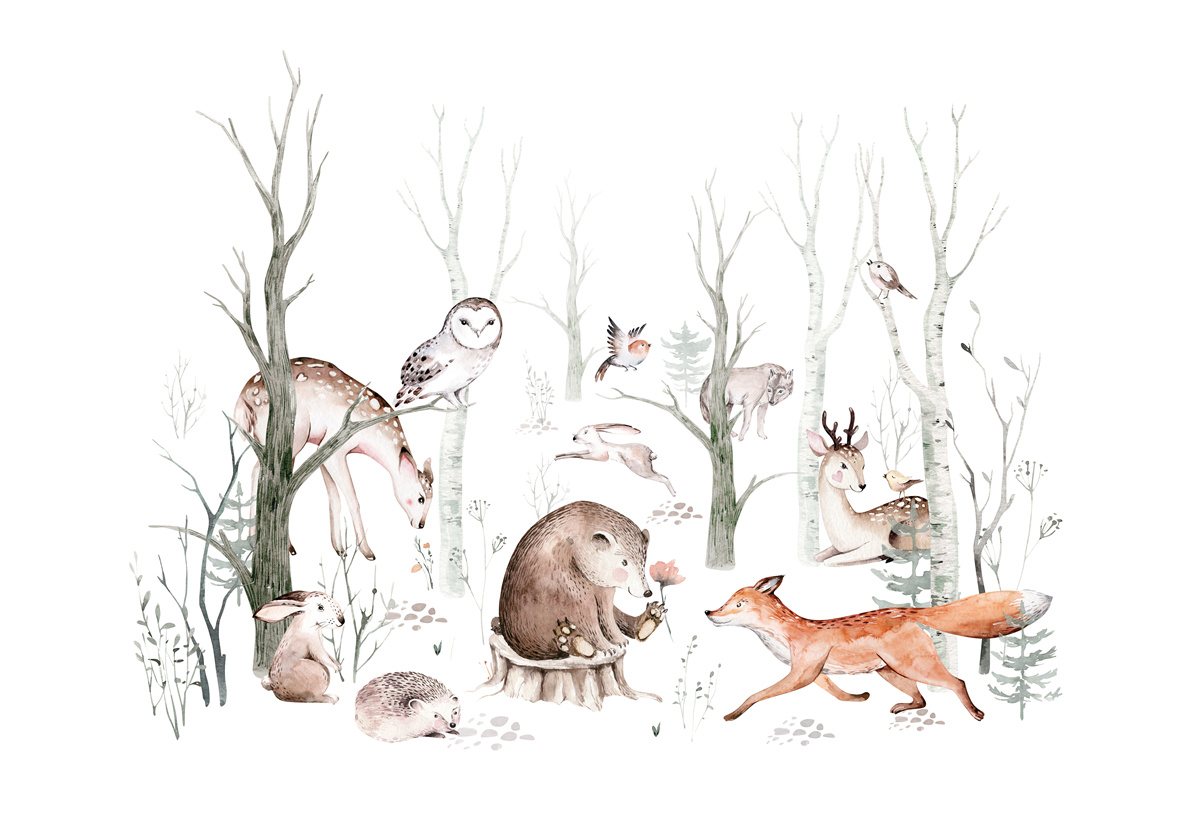 Fototapeten Tiere im Wald in Aquarellen abgebildet