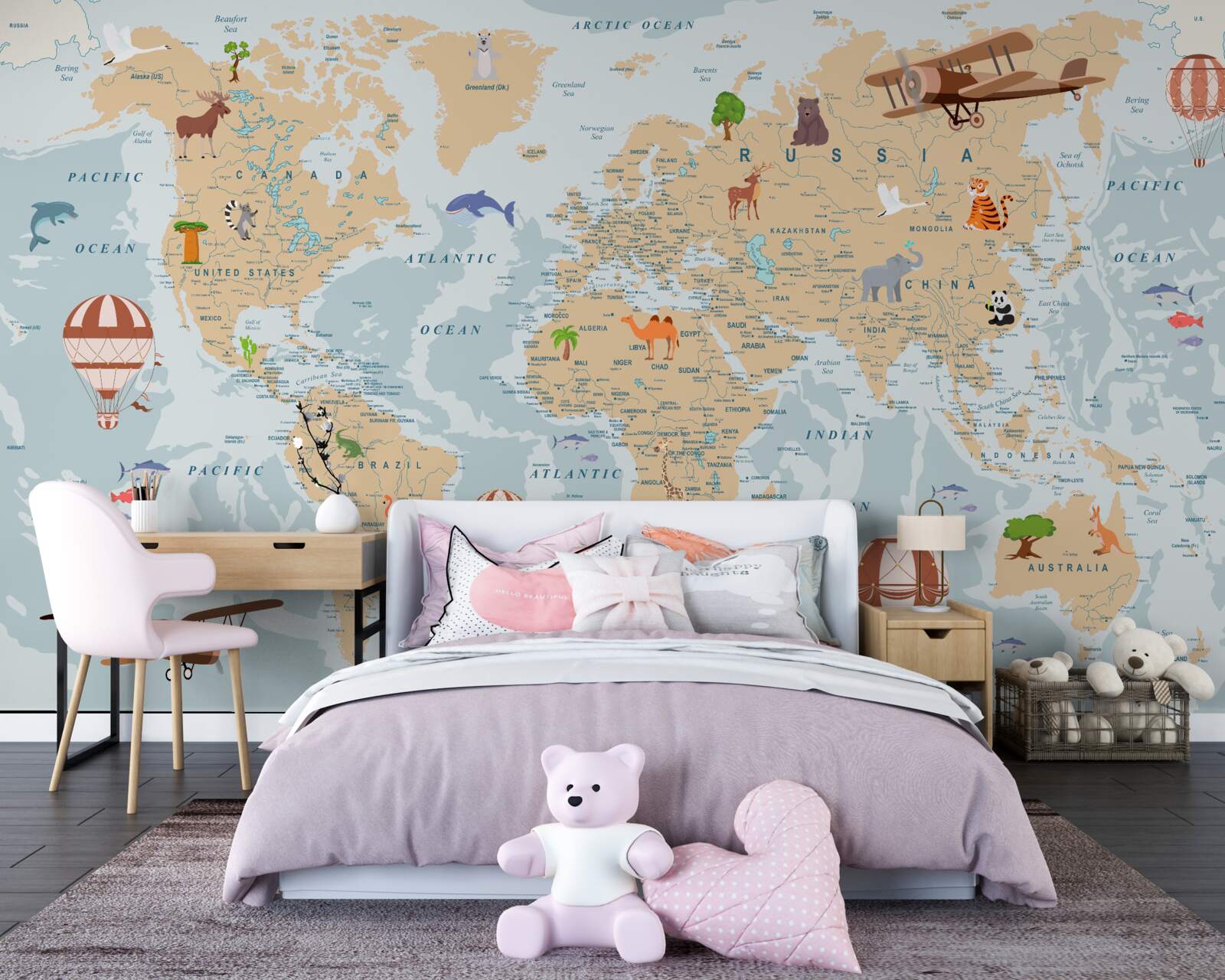 Fototapeten Eine detaillierte geografische Karte der Welt mit verschiedenen Bildern