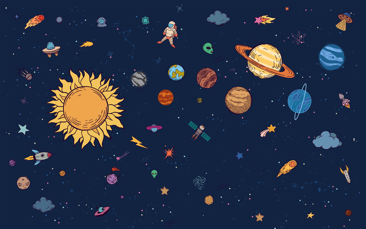 Fototapeten Es gibt einen Mann unter den Planeten im Weltraum