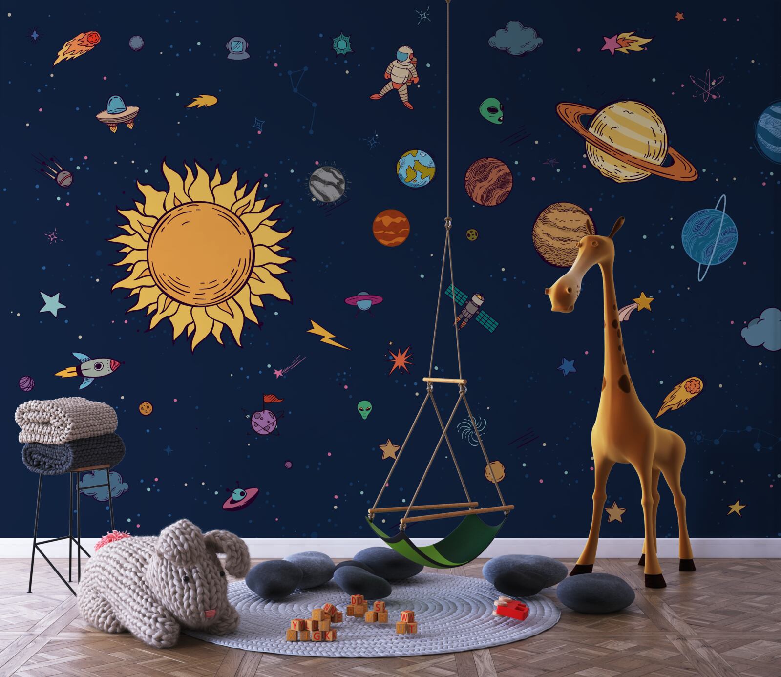 Fototapeten Es gibt einen Mann unter den Planeten im Weltraum