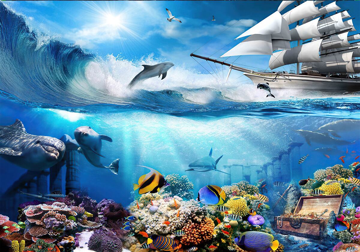 Fototapeten Ein Schiff und ein Wasseruniversum darunter