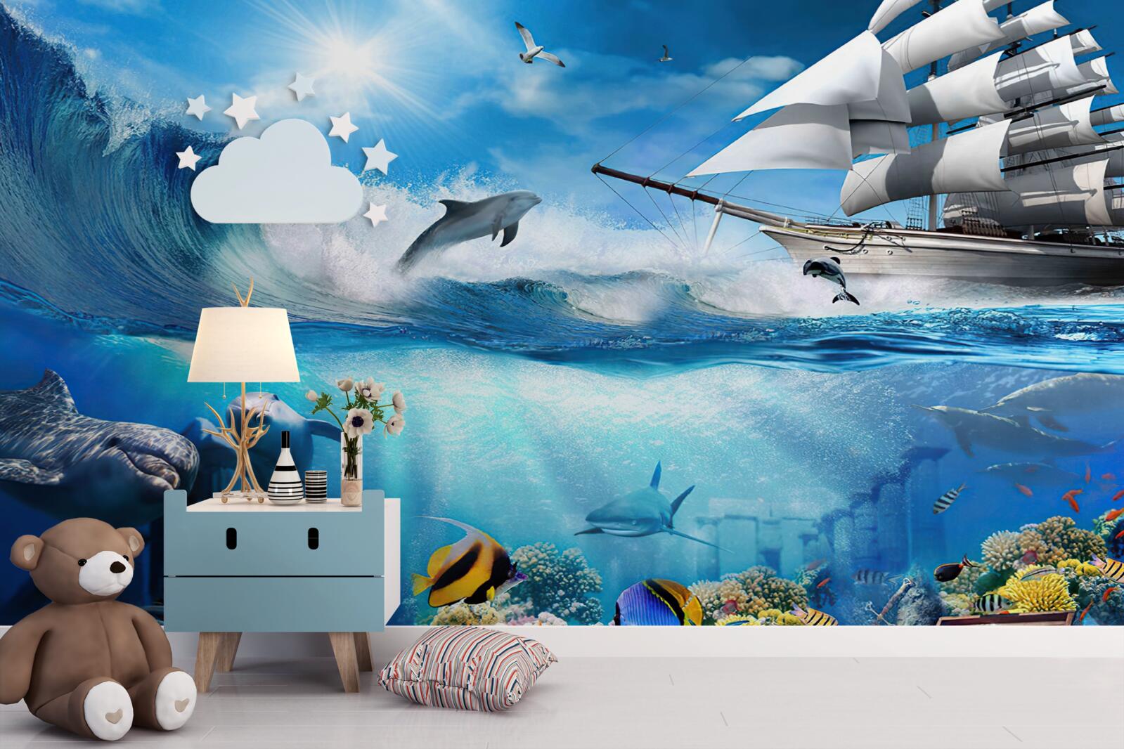 Fototapeten Ein Schiff und ein Wasseruniversum darunter