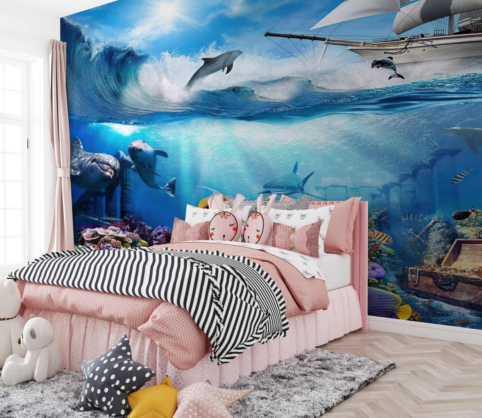 Fototapeten Ein Schiff und ein Wasseruniversum darunter