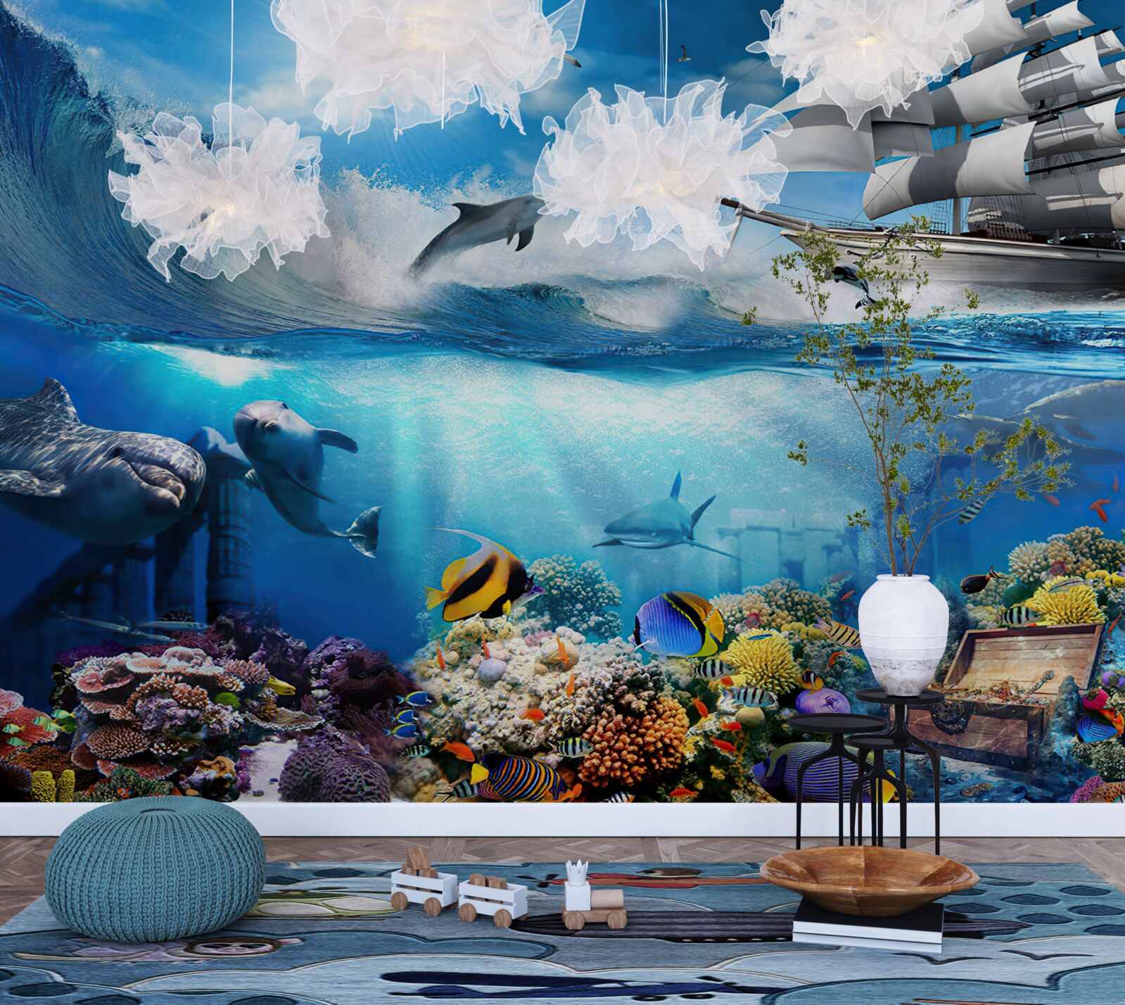 Fototapeten Ein Schiff und ein Wasseruniversum darunter