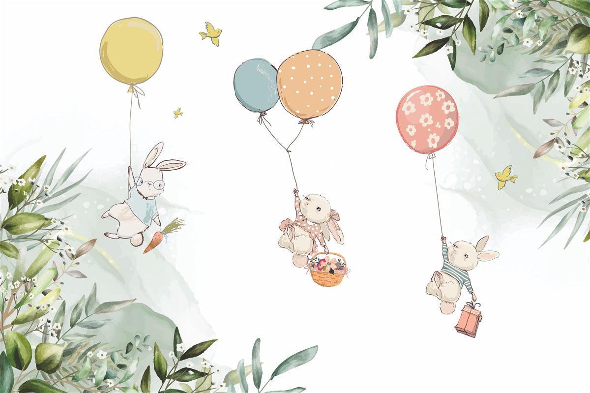 Fototapeten Kaninchen schweben auf Luftballons