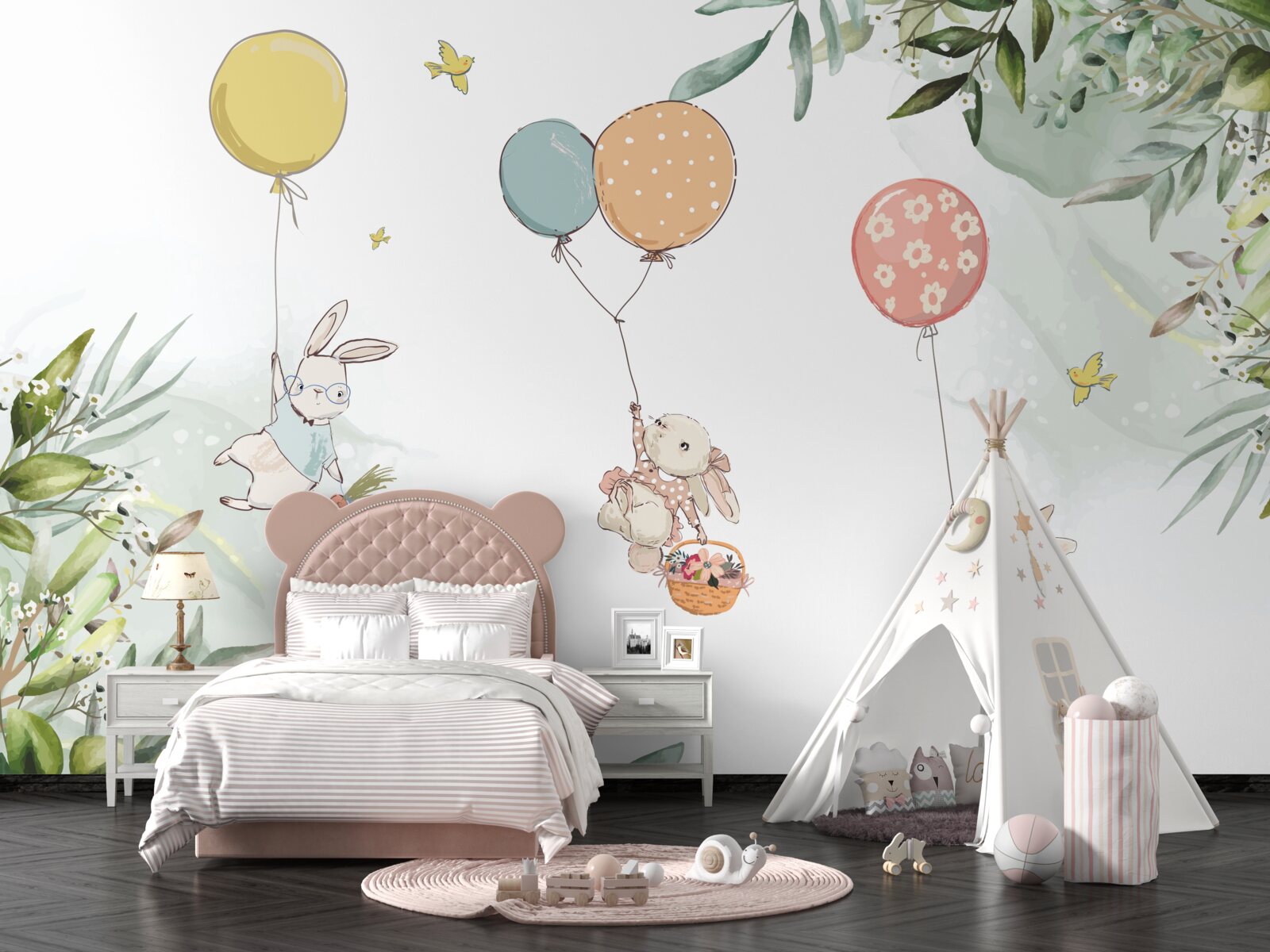 Fototapeten Kaninchen schweben auf Luftballons