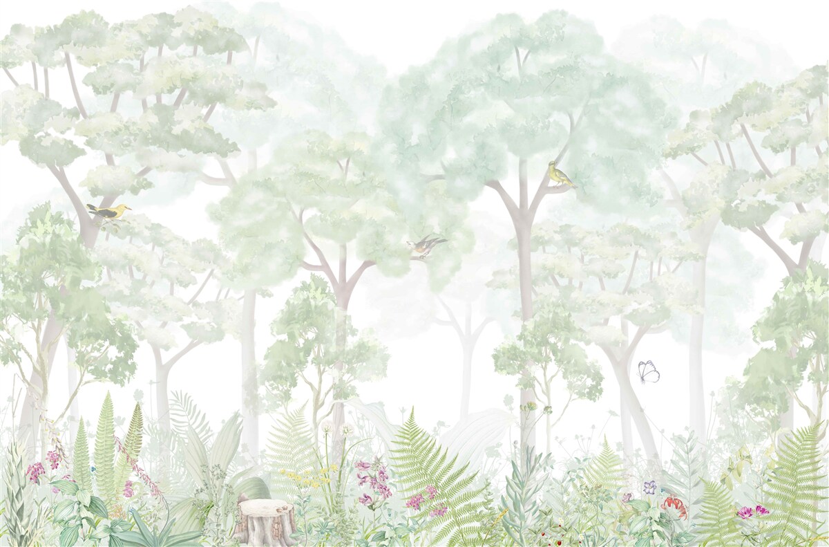 Fototapeten Wald gemalt in blassen Schatten von Aquarellen