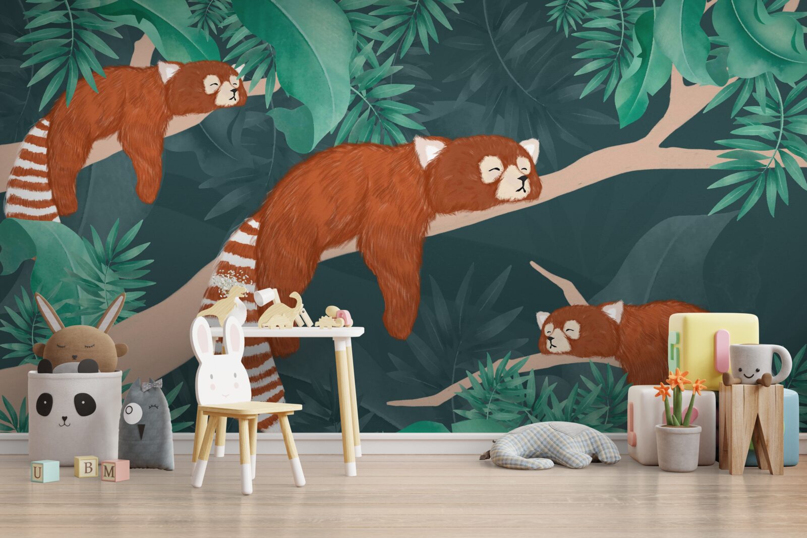 Fototapeten Orange Pandas ruhen auf Zweigen