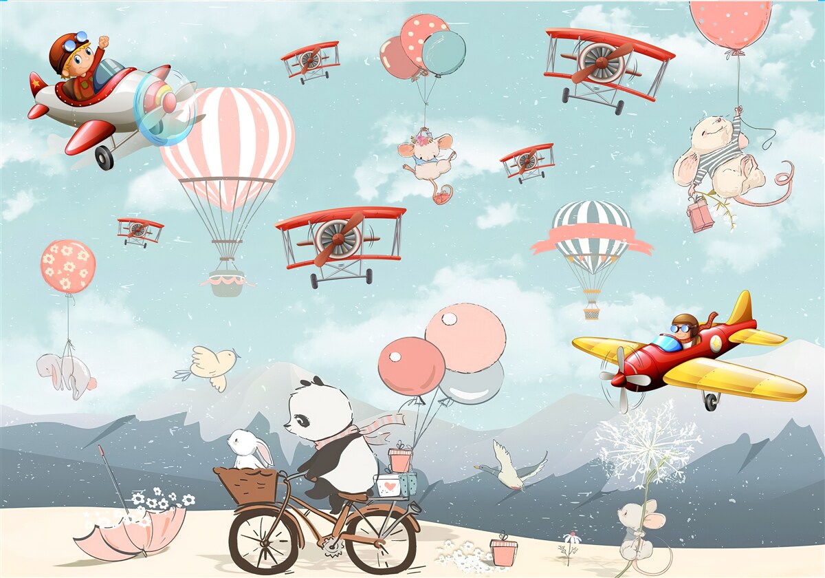 Fototapeten Ein Fahrradpanda und eine weitere Fauna fliegen herum