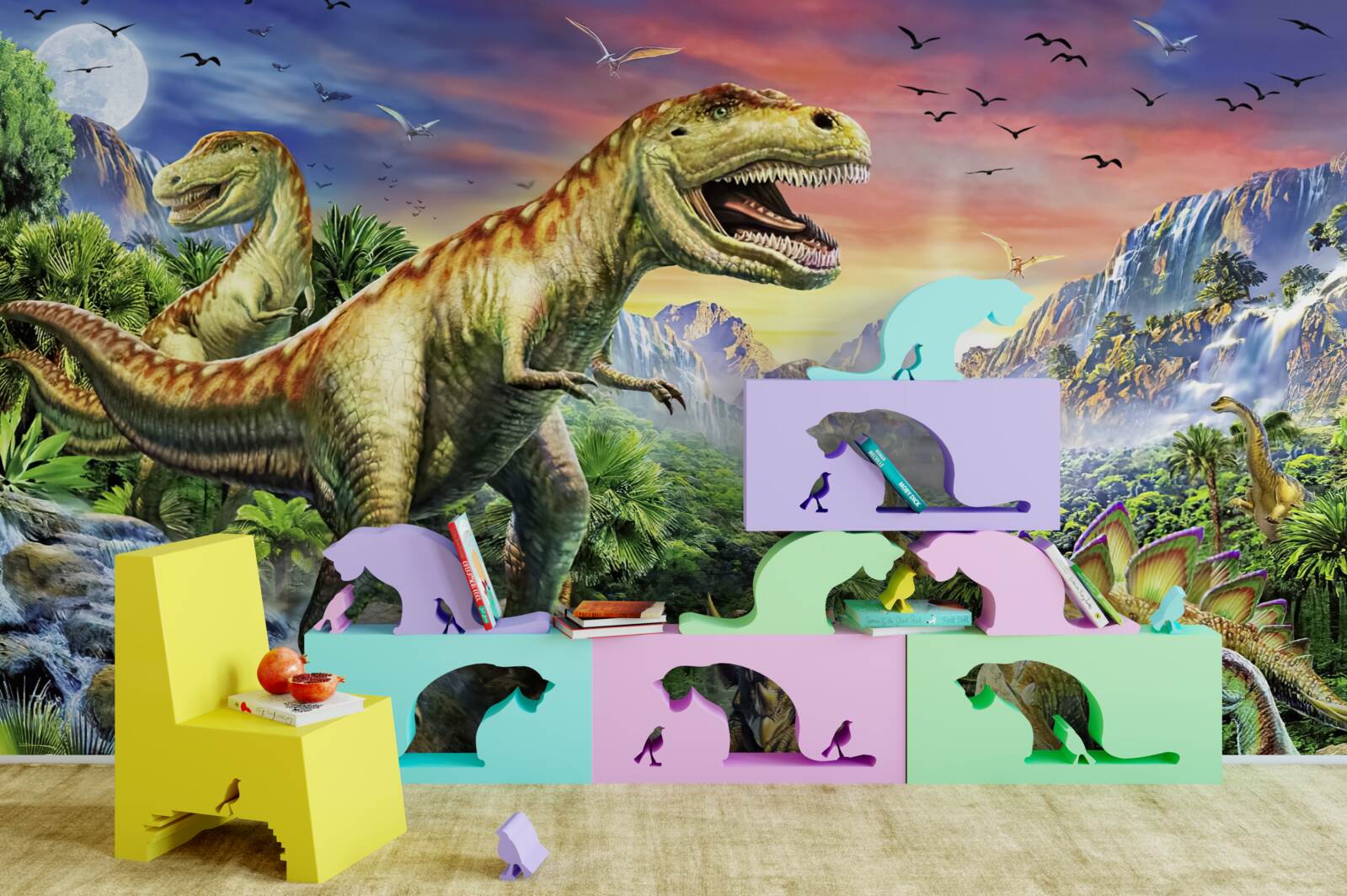 Fototapeten Dinosaurier an den Oberflächen der Berge