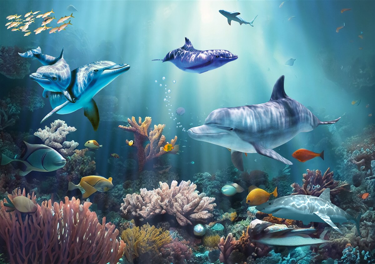 Fototapeten Fisch und Delfine schwimmen zusammen