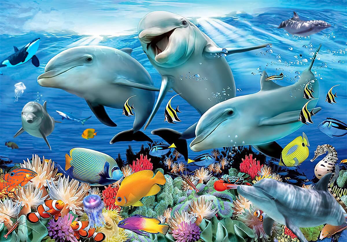Fototapeten Delfine und Fisch lächeln unter Wasser
