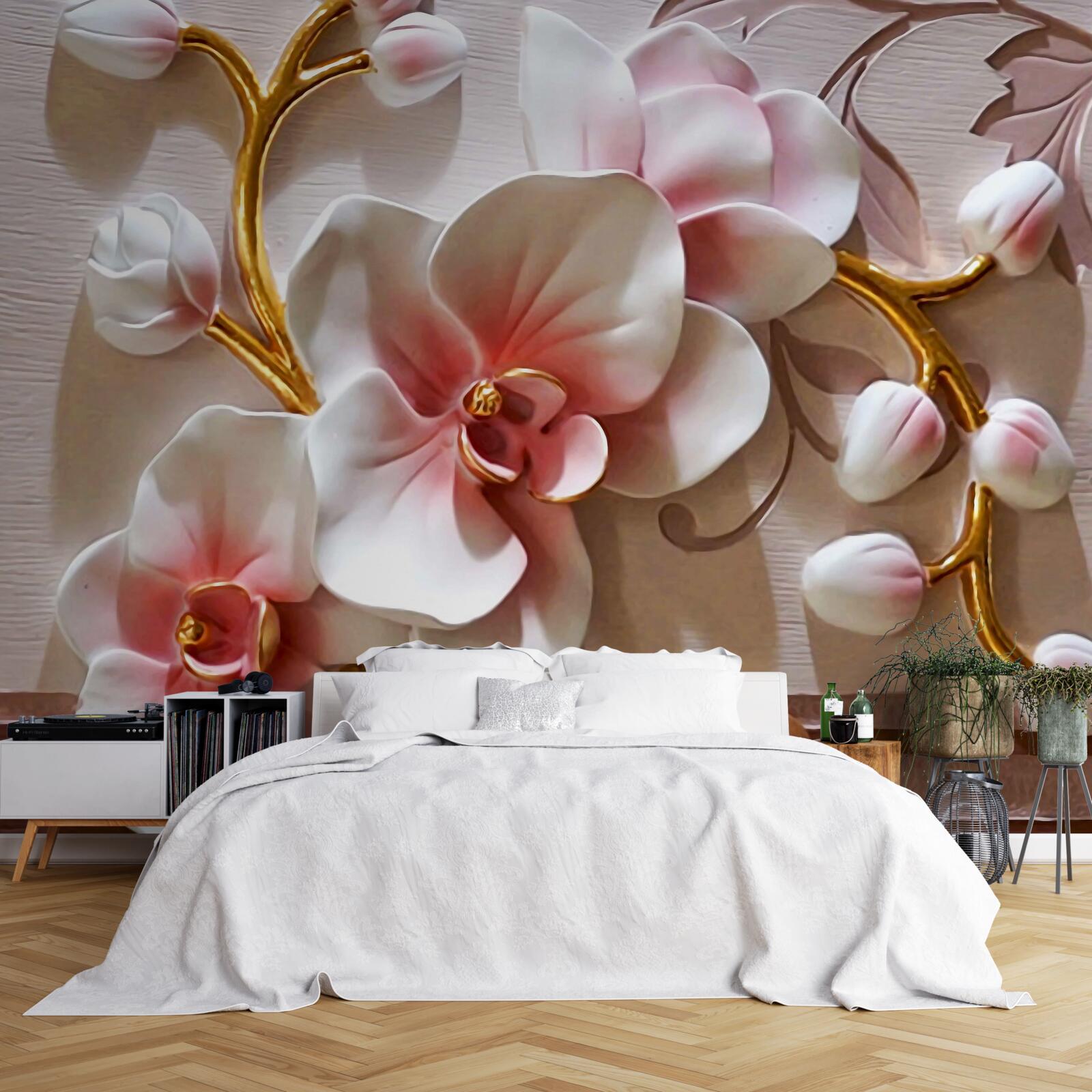 Fototapeten Weiße Orchideen mit strukturierten tödlichen Motiven