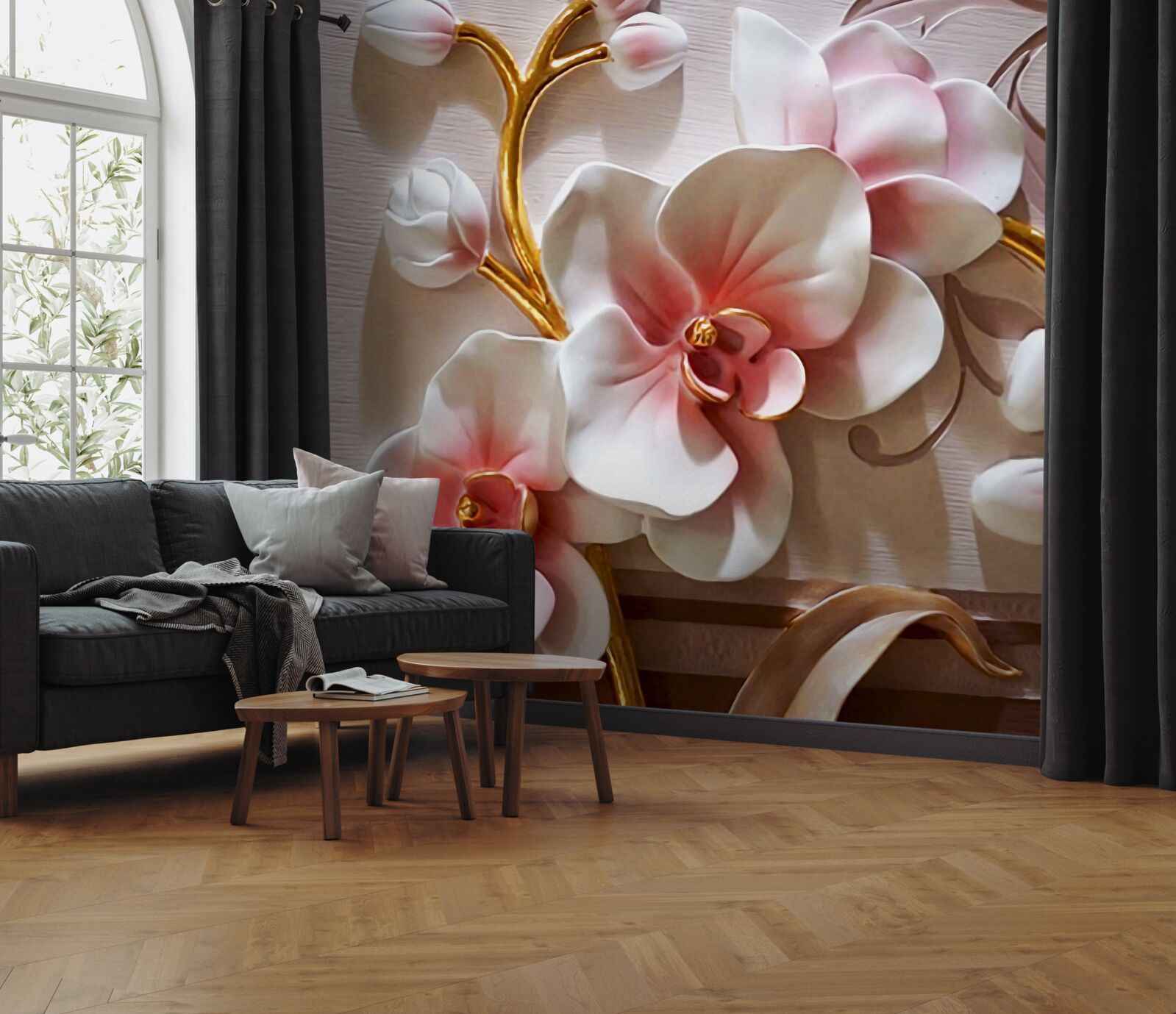 Fototapeten Weiße Orchideen mit strukturierten tödlichen Motiven