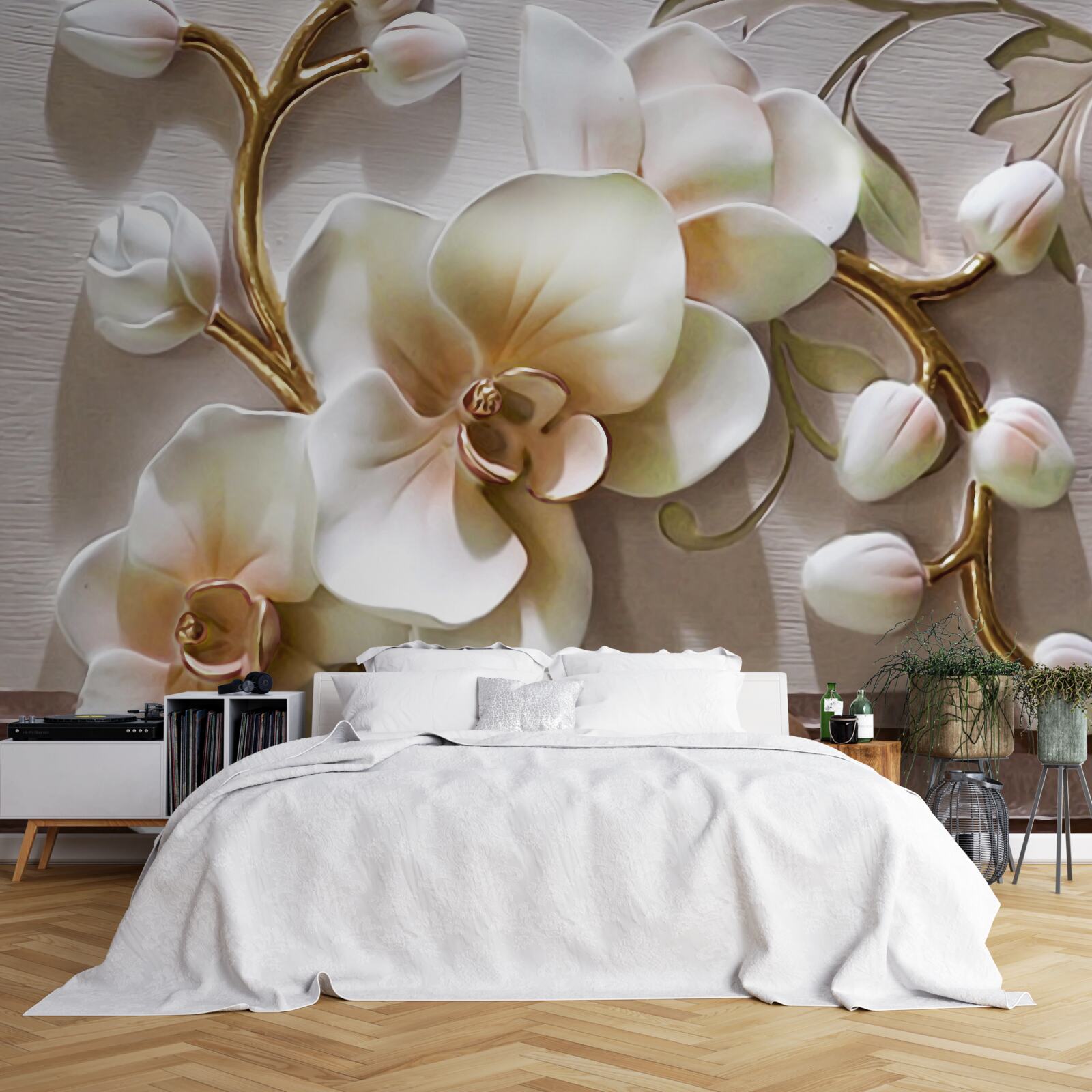 Fototapeten Wunderbare Zweige der Schnee -weiße Orchideen