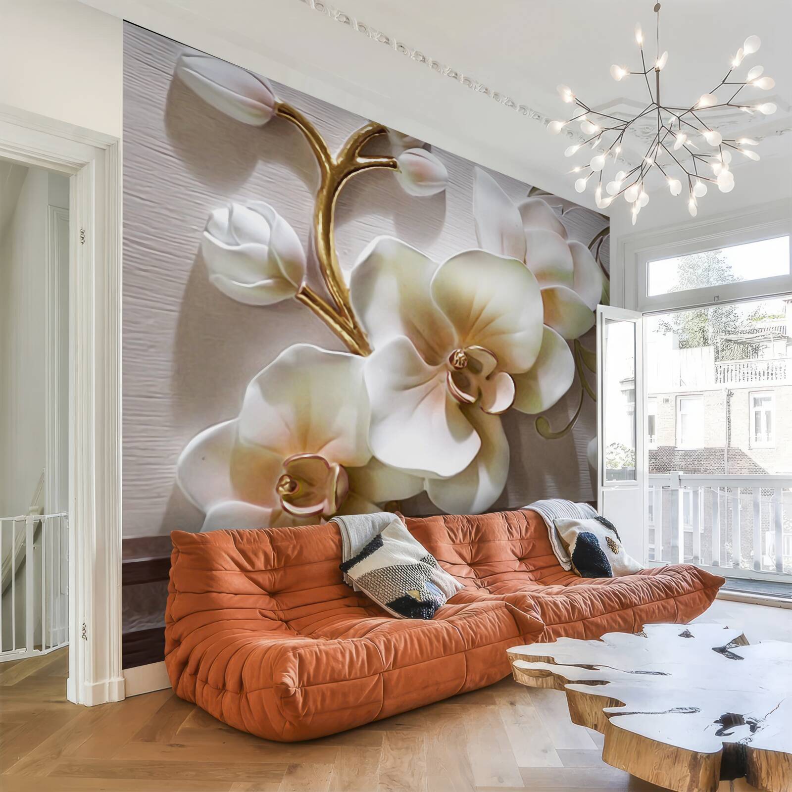 Fototapeten Wunderbare Zweige der Schnee -weiße Orchideen