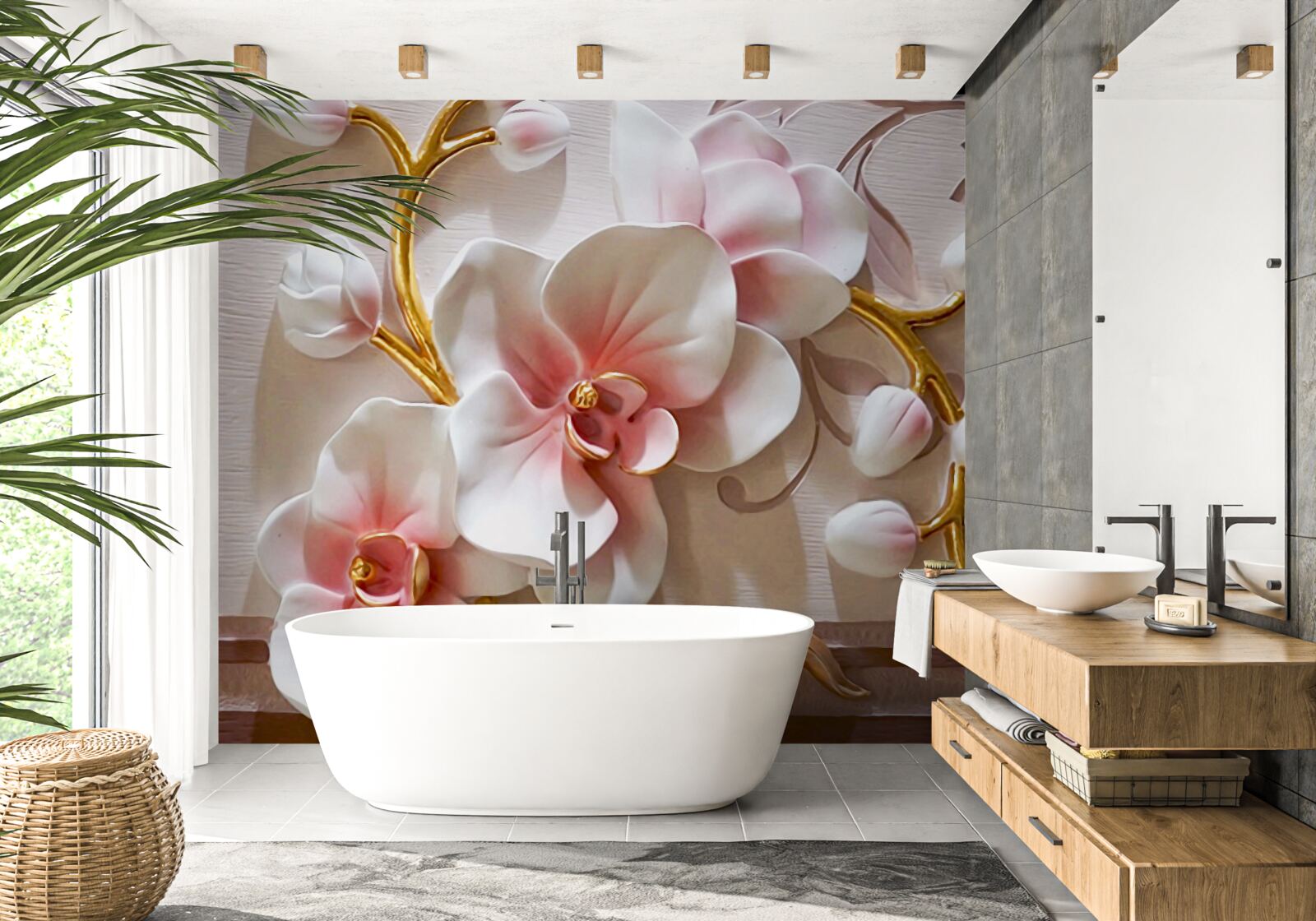 Fototapeten Riesige Knospen aus rot -weißer Orchidee