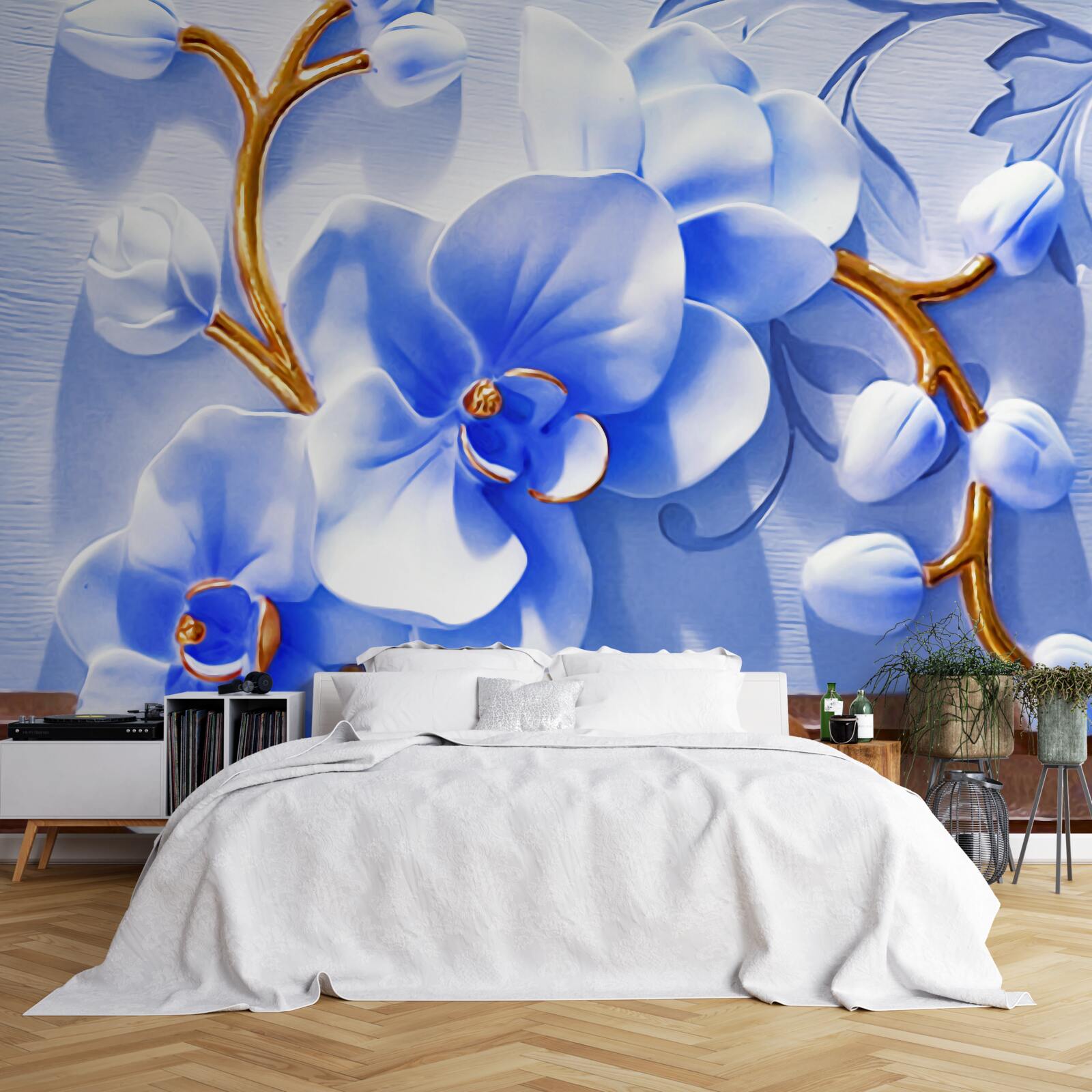 Fototapeten Orchidee in himmlischer Farbe an Zweigen mit Gold dekoriert