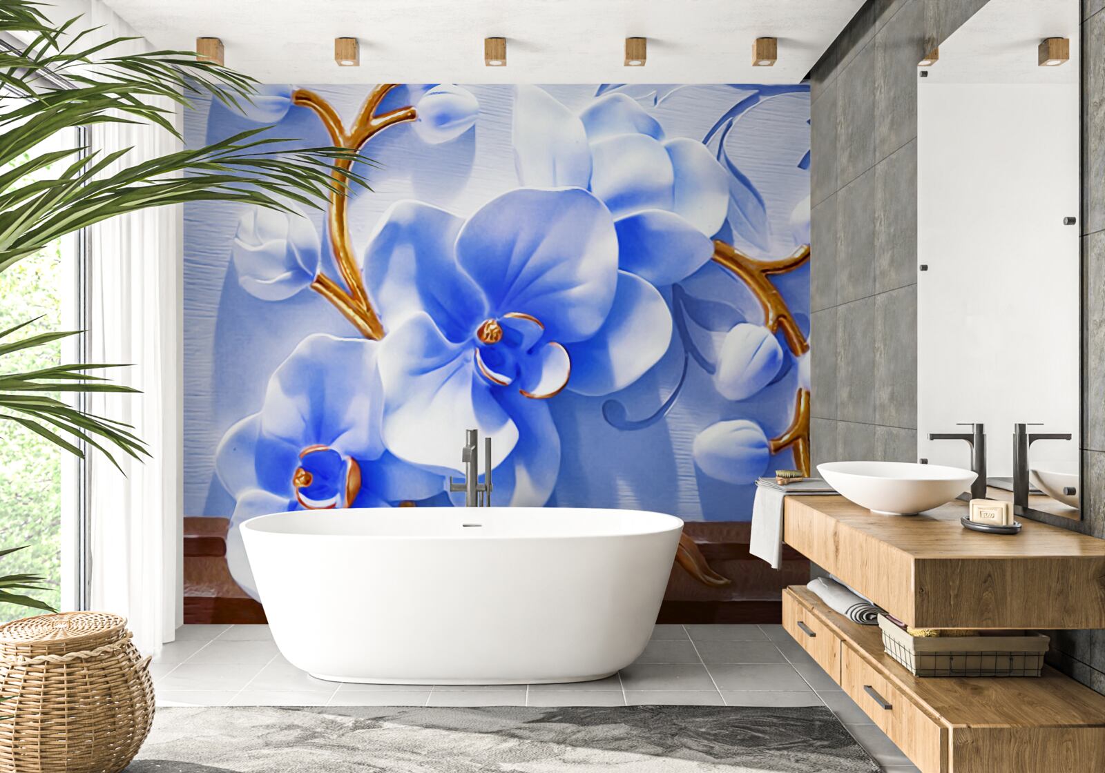 Fototapeten Orchidee in himmlischer Farbe an Zweigen mit Gold dekoriert