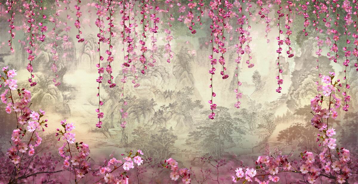 Fototapeten Rosa Blumen fallen von oben nach unten ins Wasser