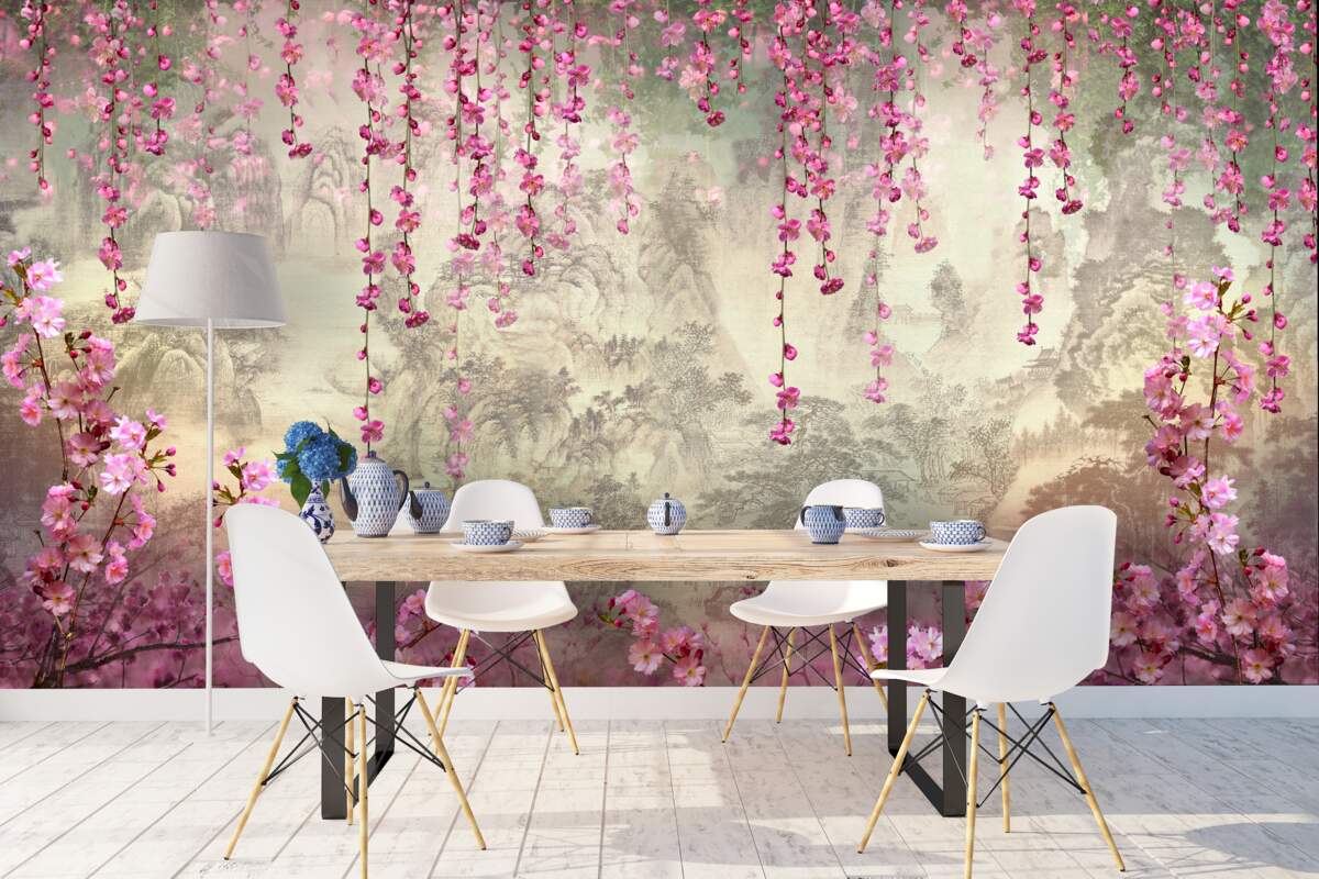 Fototapeten Rosa Blumen fallen von oben nach unten ins Wasser