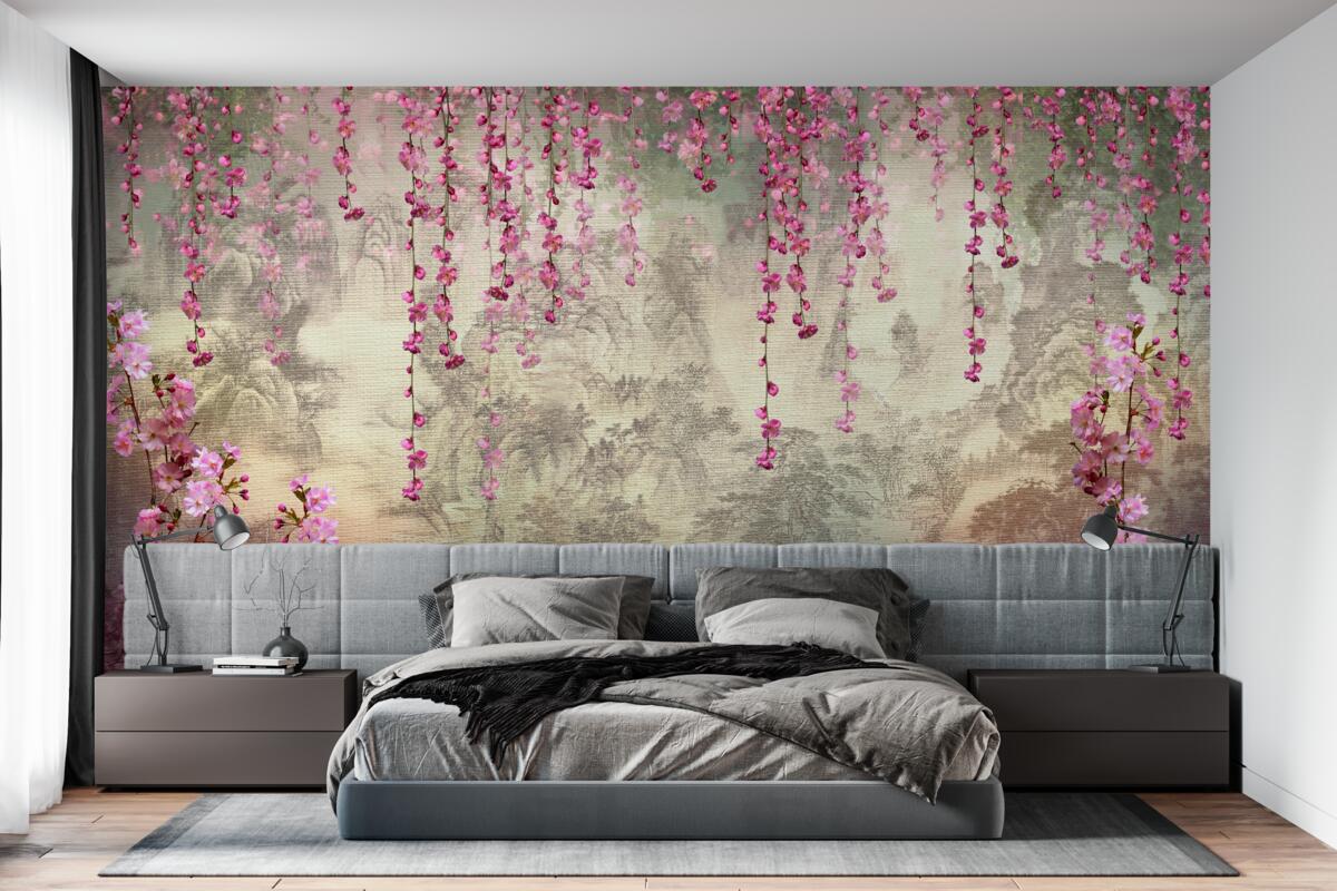 Fototapeten Rosa Blumen fallen von oben nach unten ins Wasser