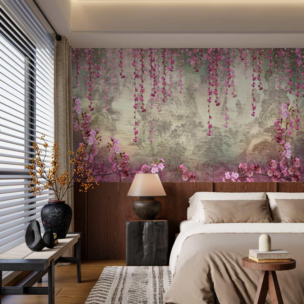 Fototapeten Rosa Blumen fallen von oben nach unten ins Wasser