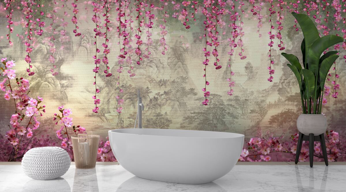 Fototapeten Rosa Blumen fallen von oben nach unten ins Wasser