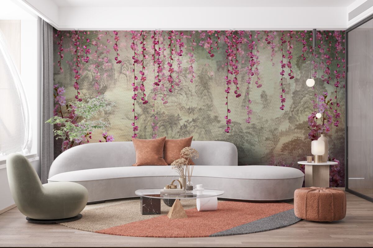 Fototapeten Rosa Blumen fallen von oben nach unten ins Wasser