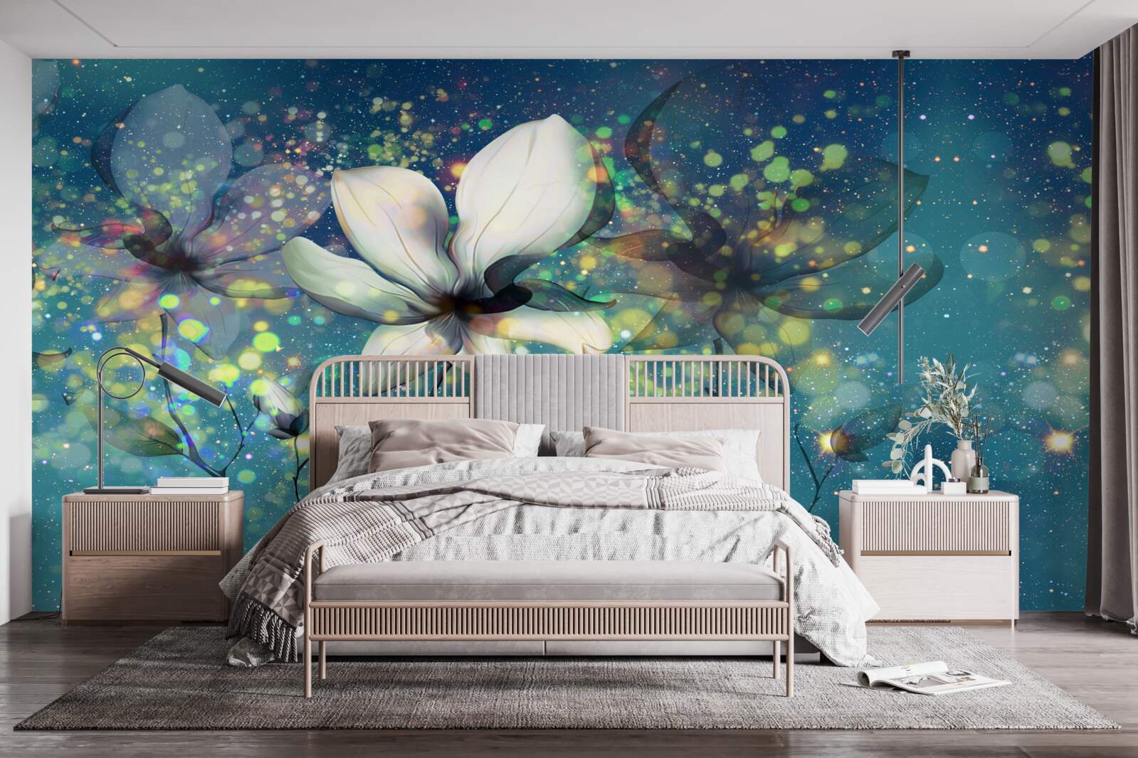 Fototapeten Die weiße Blume in der Nacht mit Sternen gepunktet