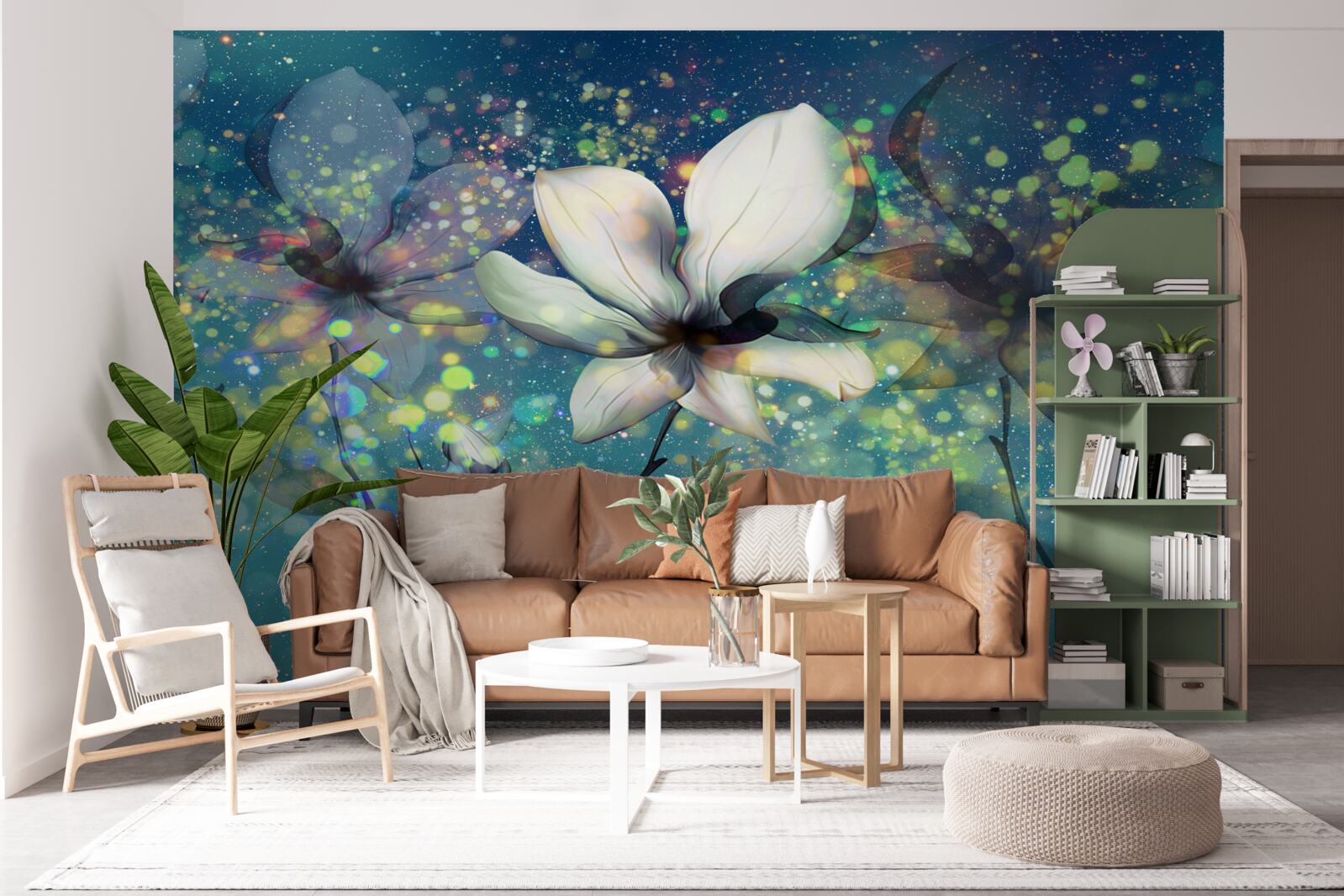 Fototapeten Die weiße Blume in der Nacht mit Sternen gepunktet