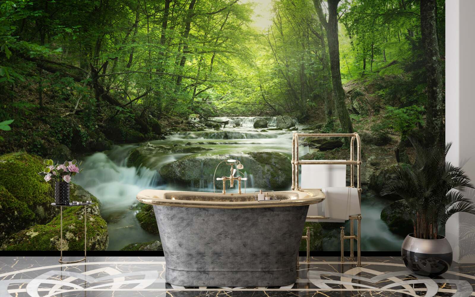 Fototapeten Ruhiges Wasser des Waldwasserfalls