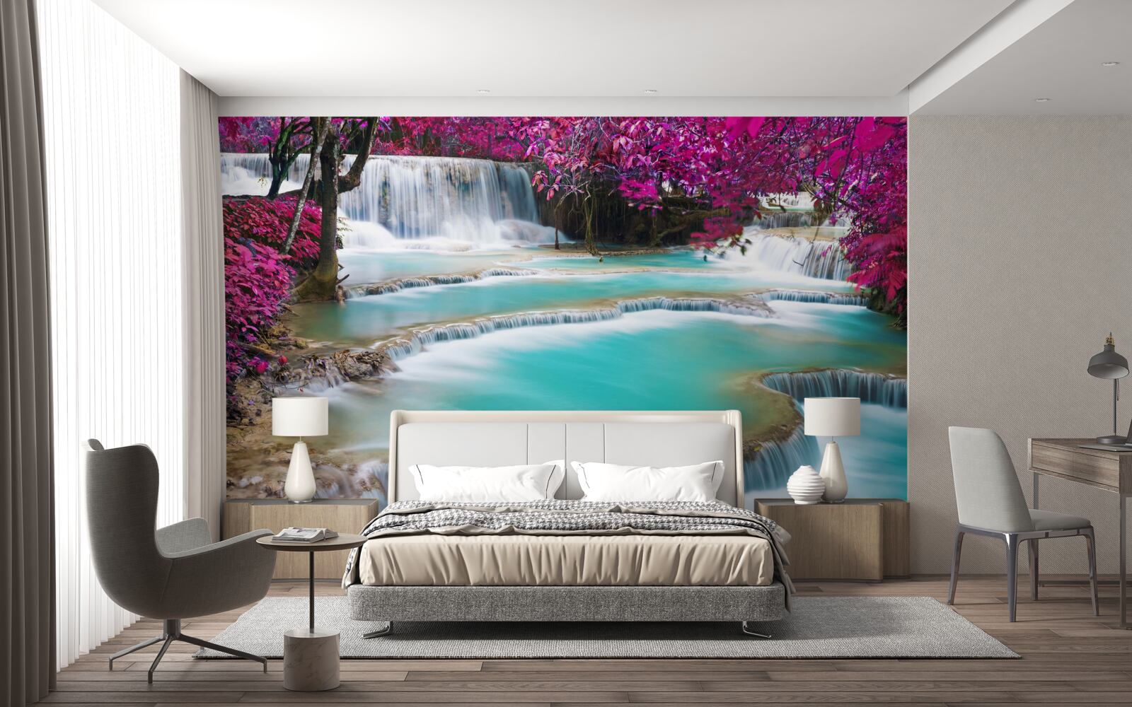 Fototapeten Bäume mit lila Blüten in der Nähe der Basis des Wasserfalls bedeckt