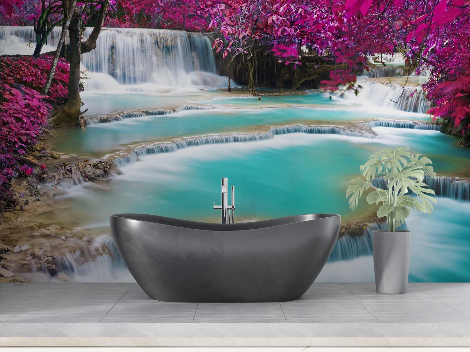 Fototapeten Bäume mit lila Blüten in der Nähe der Basis des Wasserfalls bedeckt