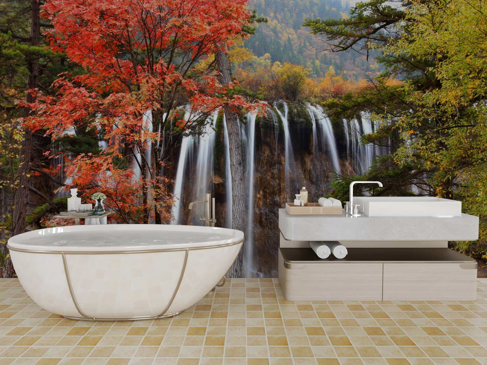 Fototapeten Wald in der Nähe des starken Wasserfalls im Herbst