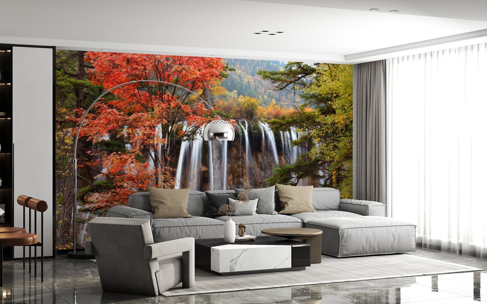 Fototapeten Wald in der Nähe des starken Wasserfalls im Herbst