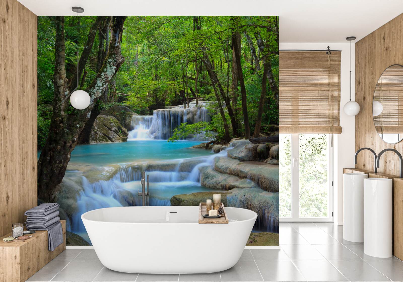Fototapeten Das Wasser des Waldwasserfalls ist sauber und blau