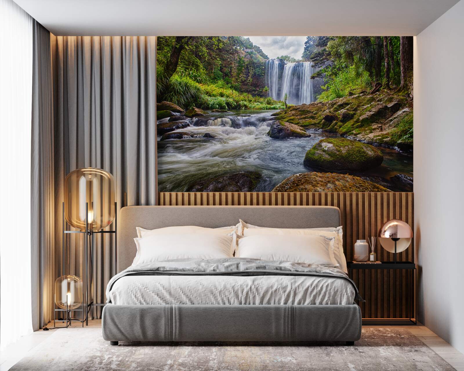 Fototapeten Das laute Geräusch des Wasserfalls fällt von der Spitze des Berges