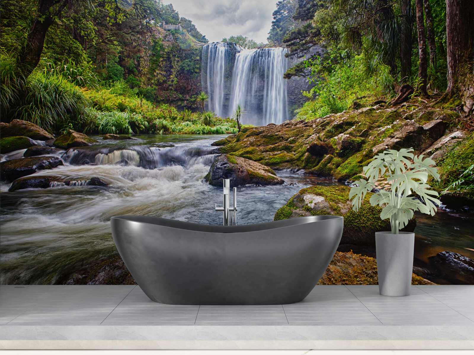 Fototapeten Das laute Geräusch des Wasserfalls fällt von der Spitze des Berges