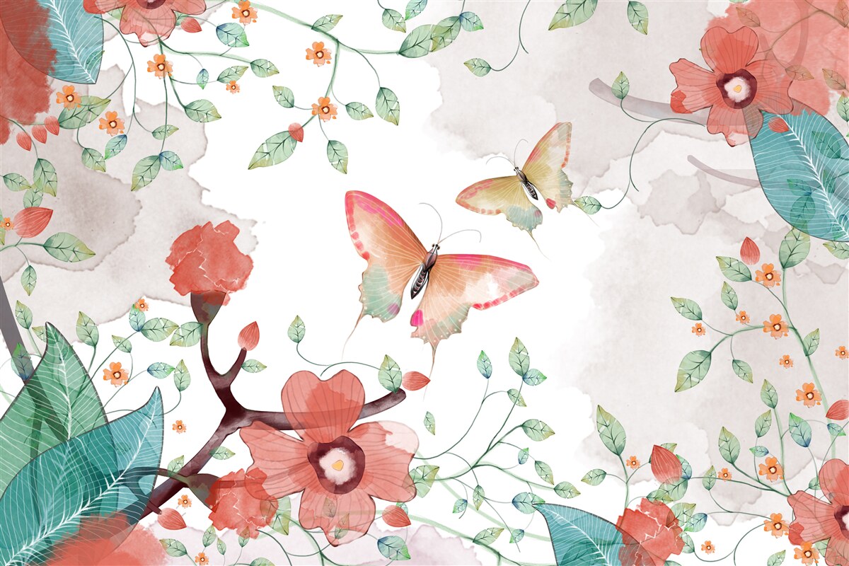 Fototapeten Blumen und Schmetterlinge mit Aquarell bemalt