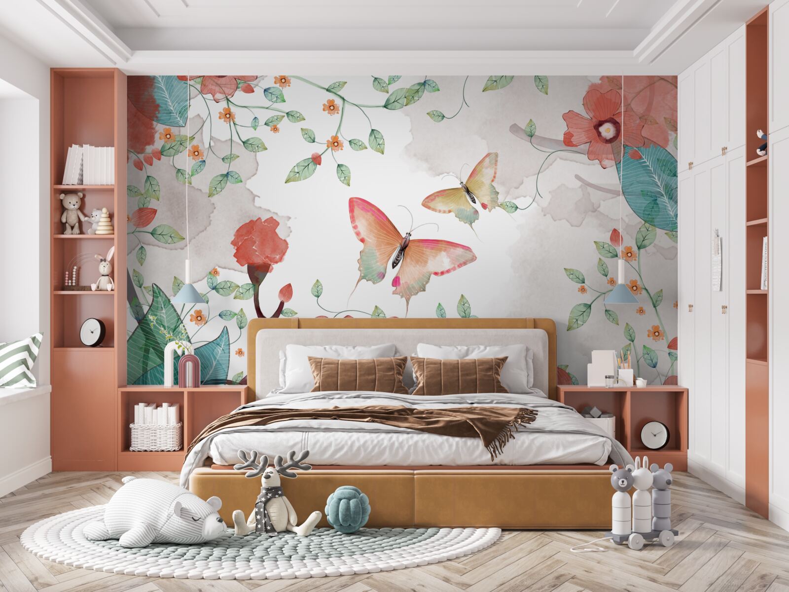 Fototapeten Blumen und Schmetterlinge mit Aquarell bemalt