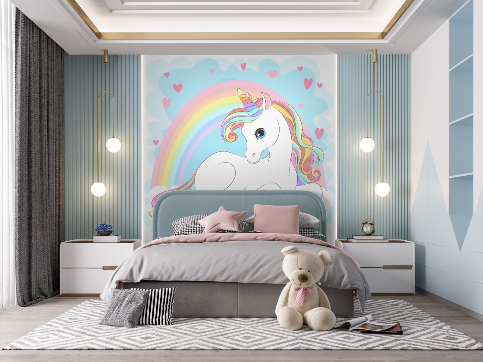 Fototapeten Einhorn auf einem Regenbogenhintergrund