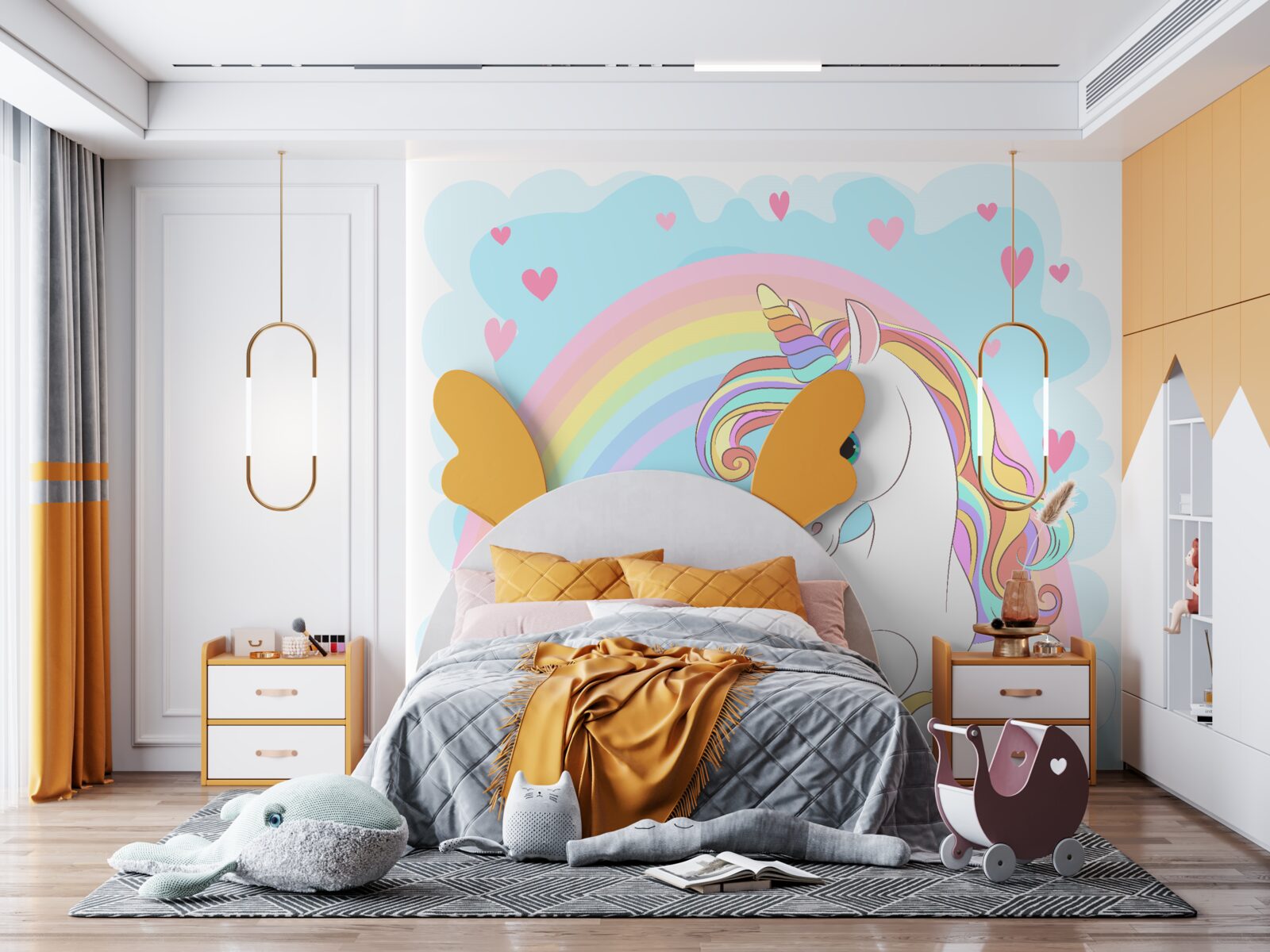 Fototapeten Einhorn auf einem Regenbogenhintergrund