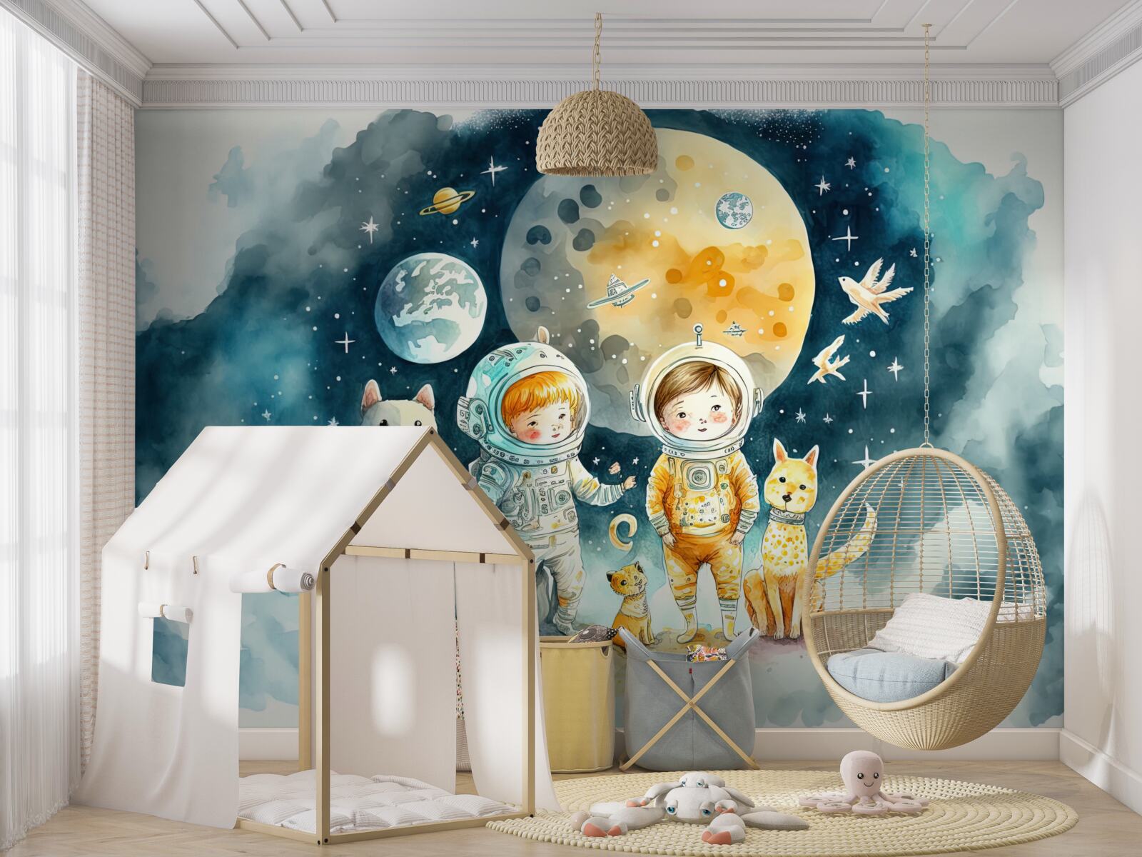 Fototapeten Kinder im Weltraum mit Tieren
