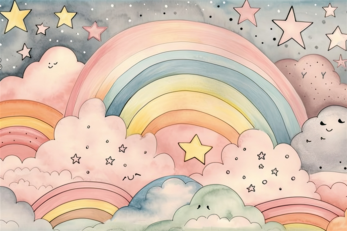 Fototapeten Sterne und Regenbogen unter den Wolken