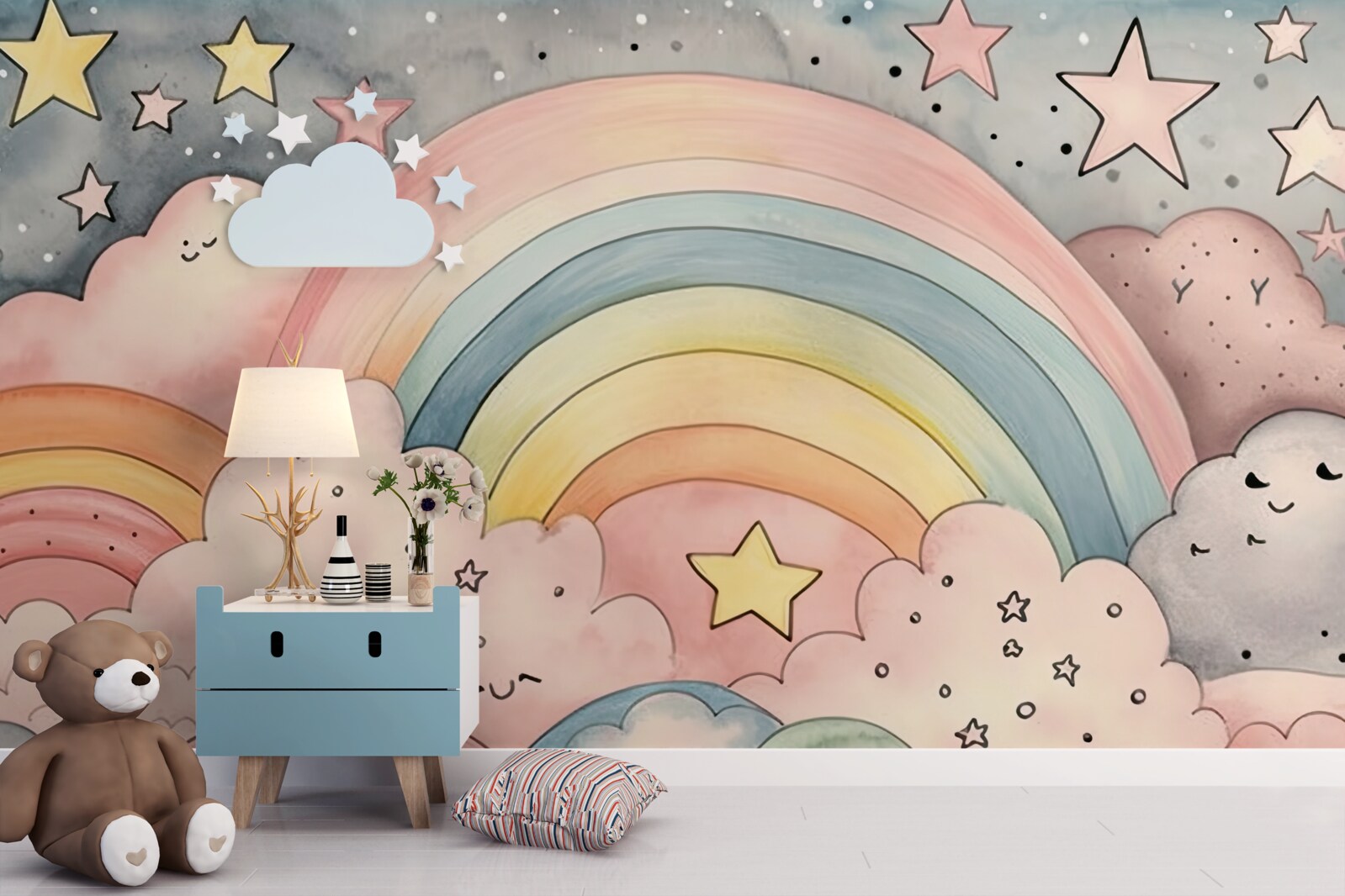 Fototapeten Sterne und Regenbogen unter den Wolken