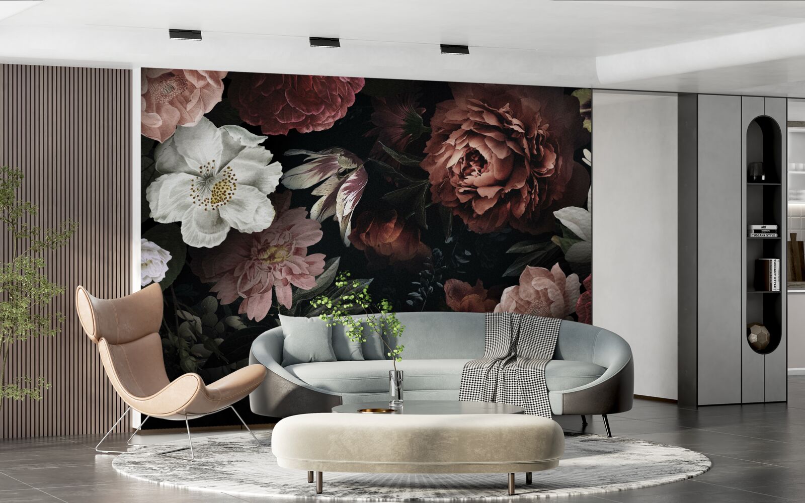 Fototapeten Blumen in verschiedenen Farbtönen auf schwarzem Hintergrund