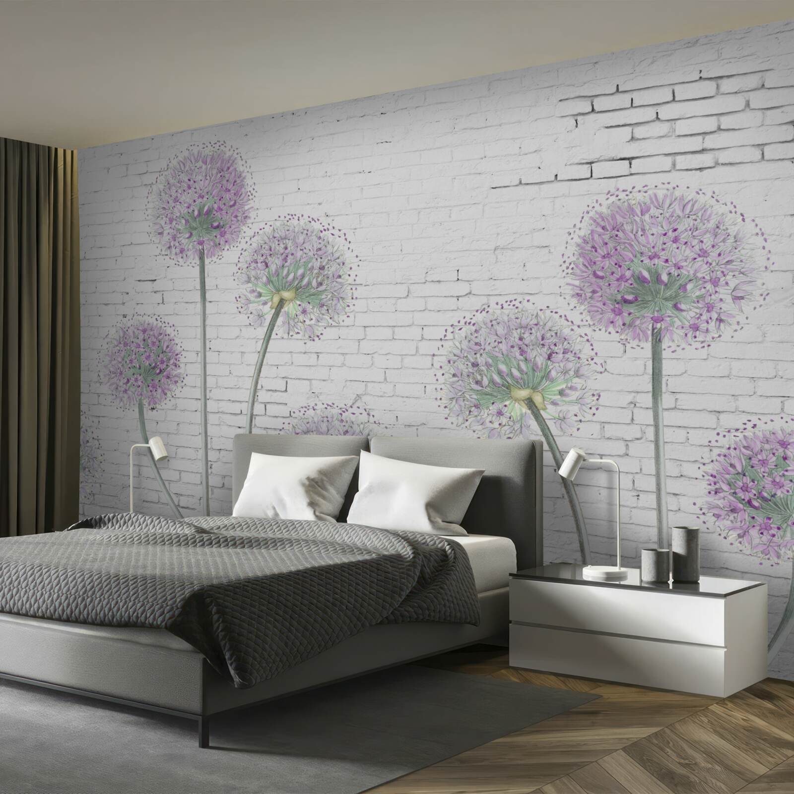 Fototapeten Große Löwenzahnblüten an einer Mauermauer